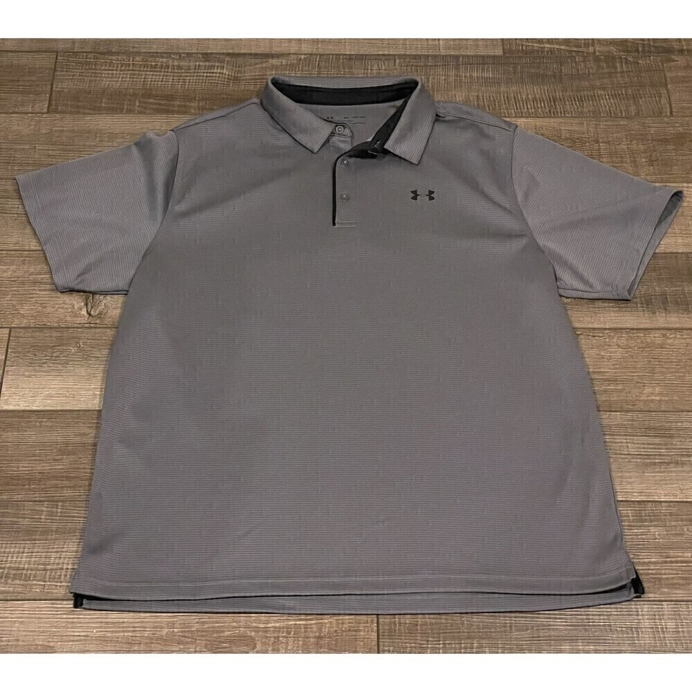Under Armour Loose Heat Gear Golf Polo Shirt Gray Striped Adult 2XL Mens
